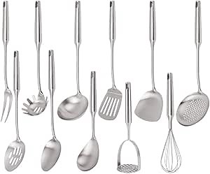 VALESKA 304 Stainless Steel Kitchen Utensils Set(11PCS),Include slotted spoon stainless steel, metal cooking slotted spoon, metal pasta spoon and etc,Easy to Clean