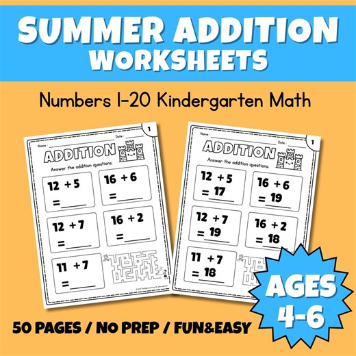 Summer Addition Worksheets 1-20 | Kindergarten Math | 100 Pages Printable - Etsy