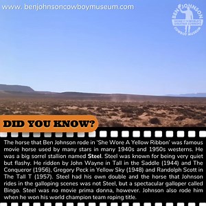 The horse that Ben Johnson rode in ‘She Wore A Yellow Ribbon’ was famous movie horse used by many stars in many 1940s and 1950s westerns. He was a big sorrel stallion named Steel. Steel was known for being very quiet but flashy. He ridden by John Wayne in Tall in the Saddle (1944) and The Conqueror (1956), Gregory Peck in Yellow Sky (1948) and Randolph Scott in The Tall T (1957). Steel had his own double and the horse that Johnson rides in the galloping scenes was not Steel, but a spectacular ga