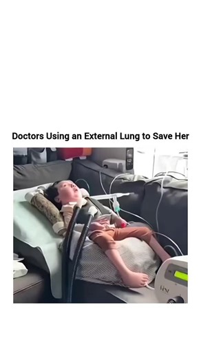 TREND MEMEZ on Instagram: "This video shows a young girl who appears to be lying in bed or on a couch. The video starts with a wide shot of the girl and then zooms in to a close-up of her face. The girl is wearing a blue shirt and has light brown hair. She has several medical tubes connected to her face and chest. ​There is a caption on the screen that reads "Doctors Using an External Lung to Save Her." The girl in the video is not moving and her eyes are open. The background of the video is a l