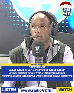 Fake News Alert: Umewahi kununua kitu Nairobi, baadaye ukagundua ume'coniwa? Mzee mmoja kutoka Murang'a karibu apate mshtuko wa moyo baada ya kuuziwa TV 'feki' Luthuli, Nairobi. Radio 47 imebaini kuwa baada 'kalemeni' kupata marupurupu ya kahawa aliamua kuja Nairobi kununua Smart TV ya 55 inches. Alipofika nyumbani, aligundua ilikuwa ya 43 inches wala si 55, tena ya Lipa Mdogo mdogo. Kuwa makini. Sikiliza Matukio Feki ndani ya Bonge la Radio; Radio 47. Watch us live: http://radio47.fm Join Whats