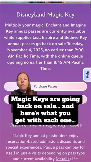 ✨ They’re BAAACK! ✨ Magic Key sales RESUME starting November 4th! 🎉 If you’ve been waiting to unlock the magic at Disneyland Resort, now’s your chance. 🏰🔑 In this video, I’m breaking down ALL 4 Magic Key pass options so you know exactly which one fits your Disney style: 🌟 Inspire Key – Top-tier access with the fewest blockout dates, parking included, and highest discount perks (20% merch / 15% food). Great for the die-hard Disney fan. 💫 Believe Key – Slightly more blockouts, 50% off parking