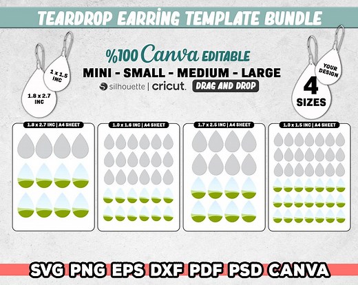 Teardrop Earring Template Bundle, 4 Size Sublimation Earring Template Svg, Tear Drop Earrings, Earrings on Canva, Dxf, Png, Instant Download - Etsy