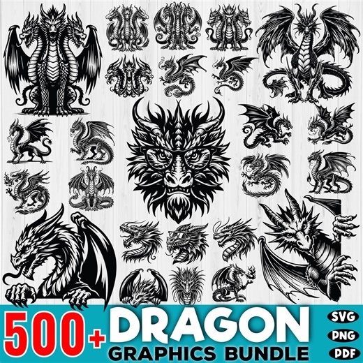 500  Dragon Graphics SVG Bundle, Dragon Graphics Cut Files for Cricut, Tribal Dragon Clipart, Png,svg, and Pdf, Instant Digital Download - Etsy