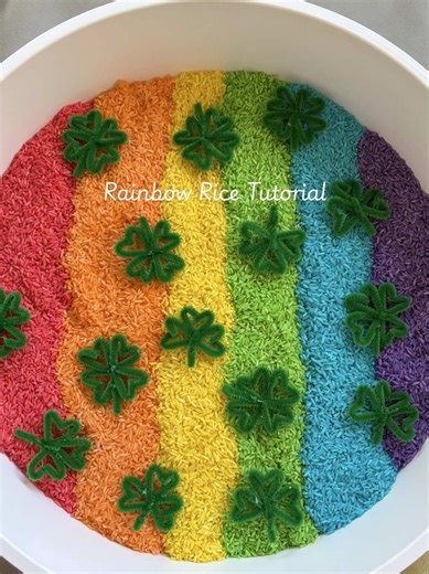 Colored rice is so easy to make, but I thought I would show you guys exactly how I made the rainbow rice I used for my last St. Patrick’s Day sensory bin just in case you’re curious! 🌈 Here are the measurements I used: • 2 cups of uncooked rice • 1 TBSP rubbing alcohol • Quite a bit of food coloring (*the food coloring worked well for all the colors except red. I added a bit of red washable tempera paint to make it more pigmented*) I added it all to a sandwich bag, shook it up, and then laid it