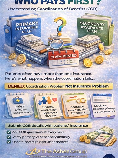 🔄 Coordination of Benefits (COB) — The Denial That Looks Like an Insurance Problem (But Isn’t) One of the MOST common — and avoidable — denials happens when the payer says: “COB not on file” or “Primary insurance not verified.” It doesn’t mean coverage isn’t active. It means the payer wants to know which plan pays first — and until that’s confirmed… 💸 they won’t pay anything. Where COB problems usually start: • Patients switch jobs or plans • Secondary plans become primary • Divorce or depende