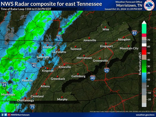 Latest radar loop for East Tennessee from NWS Morristown. Light rain showers are moving eastward toward the central valley. Now mostly over the Cumberland Plateau counties and into Chattanooga. | US National Weather Service Morristown Tennessee
