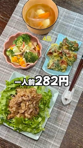 【今日のちゃる飯🍳】豚こま照りマヨ定食｜ちくわの大葉揚げ・ブロッコリーサラダ・味噌汁｜1人282円の晩ごはん