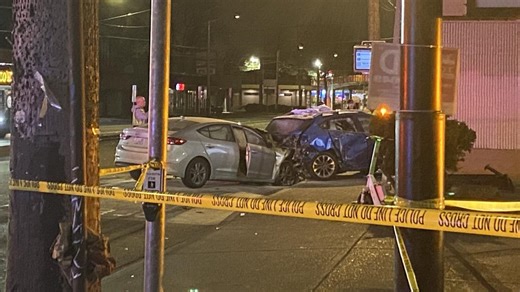 Vehicle pushed 80-100 feet into building after being rear-ended on Seattle's Aurora Avenue