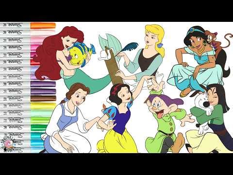Disney Princess Coloring Book Compilation Ariel Jasmine Snow White Belle Mulan and Cinderella