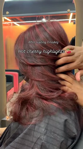Emkaez Makeup Studio & Salon on Instagram: "Hot Cherry Red Highlights ❤️🔥 A perfect way to welcome the new season! Our client’s hair was extremely dry and previously treated, so we carefully created this stunning look using **minimal bleach** — 90% of the process was done *without bleach* to keep the hair healthy. Step 1- We gently lifted the hair using **20 Volume developer** (low damage, more control), applied rich cherry tones, Step 2- followed by a complete **protein treatment** for instant