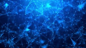 A glowing network of connected lines and dots on a dark blue background.