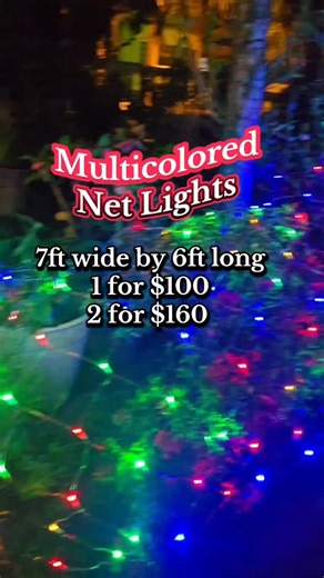 Wide_Dynamic_Ltd on Instagram: "✨ Multi-Colored Net Lights (Mesh Lights) ✨ Transform any space into a glowing masterpiece with these stunning multi-colored net lights! 🌈 Perfect for decorating plants, walls, fences, or any DIY design, these lights bring color and life to your home or garden. 📏 Size: 7ft wide x 6ft long 💡 Connectable: Each light has an end connector so you can easily plug multiple nets together for a bigger display! 💲 Price: 1 for $100 2 for $160 🚚 Delivery: $45 to most area