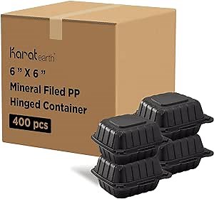 KARAT EARTH Clamshell Take Out Food Containers [6"x6" - 400 ct] To Go Containers | Microwavable, Freezer Safe, Soak-Resistant, Durable, Stackable | Vented for Hot/Cold Foods, Black