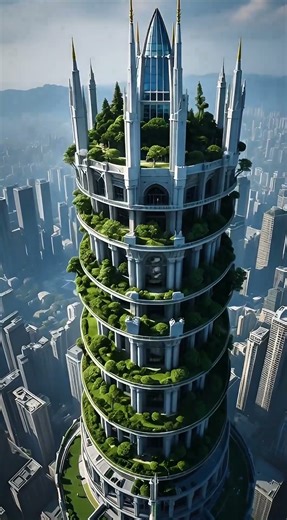Tall spiral skyscraper with green terraces and futuristic architecture #shorts #shortsvideo