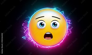 Shocked emoji face with wide open mouth and glowing electric neon effect in vibrant colors on a dark background