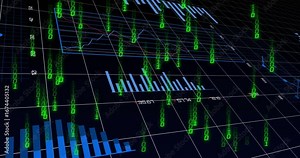 Scene opening bar and pie charts moving, code streams flowing, camera panning showing line graph