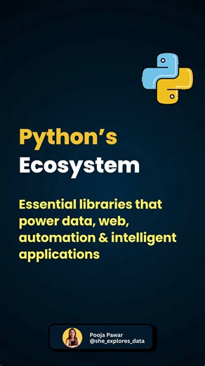 Dr. Pooja | Python | SQL | Power BI | Excel on Instagram: "Python is not just a programming language. It is an ecosystem. From data analysis to web development, from automation to machine learning, Python offers specialized libraries that make complex tasks practical and scalable. The real strength of Python lies in how these tools work together. Need to clean and analyze large datasets? Building APIs or scalable web platforms? Automating browsers and scraping data? Creating visual insights or t