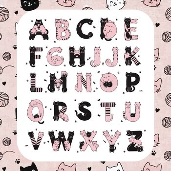 Cat Alphabet Clipart A-Z | Cute Black & Pink Letters with Cats | PNG SVG EPS