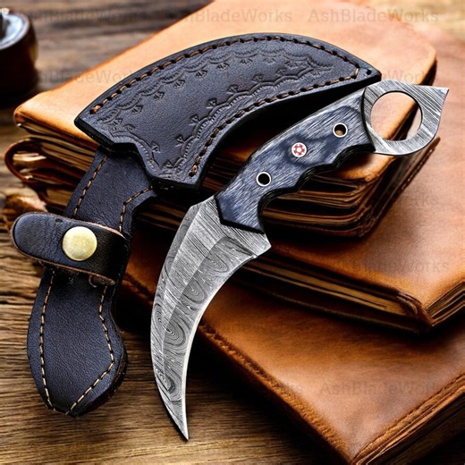 Handmade Damascus Steel Karambit Knife : Pakka Wood Handle , Leather Sheath - Etsy Australia