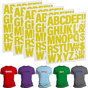 220 Pieces Iron on Letters for Clothing, 5 Sheets of Yellow Heat Transfer Vinyl for T Shirts, A-Z Patches PU DIY Crafts Alphabets Sticker for Fabric