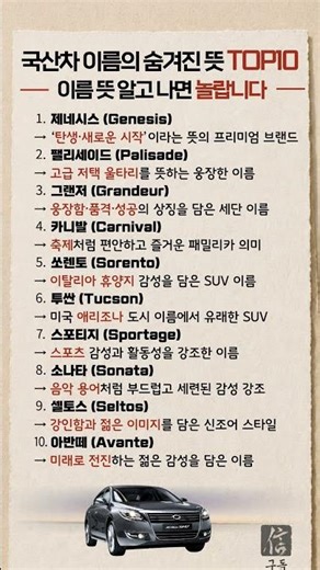 국산차 이름의 숨겨진 뜻 TOP10#국산차 #자동차 #현대차 #기아 #제네시스 #그랜저 #쏘렌토 #자동차상식