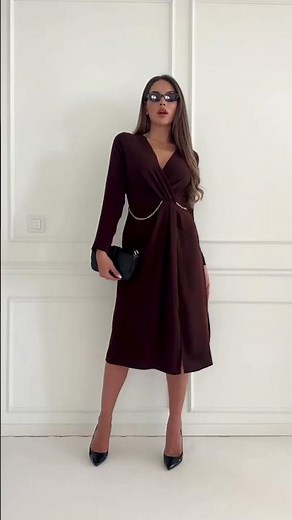 Brown V Neck Midi Dress Styling: Chain Detail, Waist Twist, Evening Look