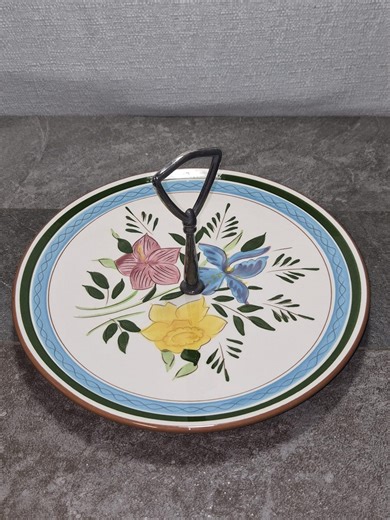 Vintage Stangl Pottery Hand-painted Floral Tidbit Tray With Metal Handle