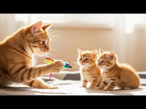 Sweet Mom Cat Teaches Kittens to Play with Toys