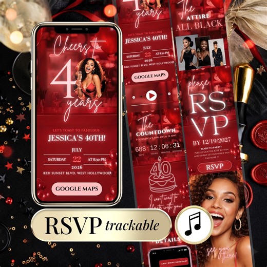 40th Birthday Invitation Digital – Any Age Editable Canva – RSVP Tracking, Countdown, Google Maps, Music | Red Glam Party Invite - Etsy