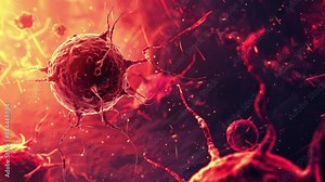 Tumor microenvironment concept with cancer cells, T-Cells, nanoparticles, cancer associated fibroblast layer of tumor microenvironment normal cells, molecules, and blood vessels 3d rendering, 4K