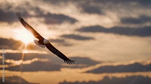 A bald eagle soaring in the sky during golden hour.