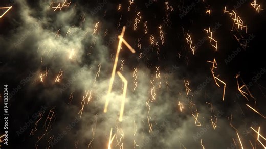Light streaks fall from a dark sky creating a dynamic display during a storm at night near a city