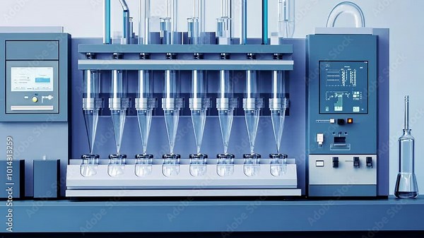 A laboratory machine with eight tubes fills small glass containers with liquid