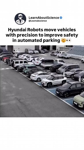 Learn About Science on Instagram: "Hyundai robots move vehicles with unbelievable precision, turning automated parking into a carefully choreographed process 🤯👀. Flat, low-profile robots slide silently under each wheel, lifting the car without a single jolt. Sensors guide every movement, calculating distance and balance in real time. The vehicle glides sideways, forward, and back with millimeter accuracy. No human touches the steering wheel, yet nothing feels out of control. Tight spaces sudde