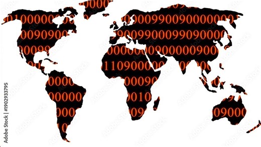 Digital technology world map binary code animation. A glowing digital world map composed of binary code illuminates, symbolizing global connectivity and data. world map abstract background.4k