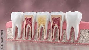 Dental anatomy and structure. A detailed model of human teeth with roots and nerves