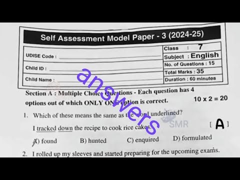 7th class fa-3 English self assessment model 3 exam question paper with key sheet