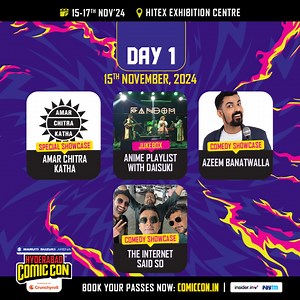 27K views · 287 reactions | We’re rolling out the ultimate Hyderabad Comic Con game plan—Day 1, Day 2, Day 3, packed with epic performances, celebrity sightings, and shopping spree  Swipe to discover who’s rocking the stage, where to be, and how to max out your Comic Con experience from start to finish! Join us on 15-17th November, HITEX Exhibition Centre Limited passes available, book yours here - https://bit.ly/4dYgkdI | Comic Con India | Facebook