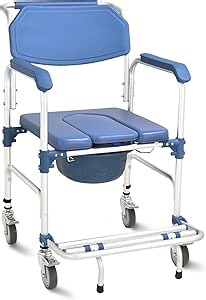 Shower Chair with Wheels Aluminum 4 in 1 Bedside Commode Chair with Foldable Pedal, Mobile Transport Chair Toilet with Detachable Bucket, for Seniors and Disabled, Weight Capacity 330LB (Blue)