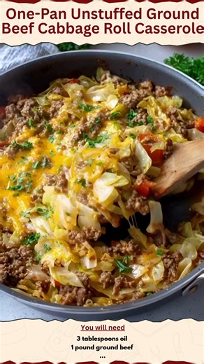 One-Pan Unstuffed Ground Beef Cabbage Roll Casserole Ingredients: - 3 tablespoons oil - 1 pound ground beef - 1 sweet onion, chopped - 1 orange bell pepper, seeded and chopped - 3 garlic cloves, chopped - 14 oz can fire-roasted diced tomatoes - 1/2 teaspoon smoked paprika - 1/2 teaspoon dried oregano - 1/2 teaspoon garlic powder - 1/2 teaspoon onion powder - Salt and pepper, to taste - 1 small head green cabbage, cored and chopped - 2 cups shredded cheddar or jack cheese Directions: 1. Heat oil 