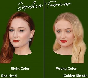 How hair color can change your season. The same Sophie Turner but on the left, she is a redhead and on the right, she is a golden blonde. We dropped her on different greens, left she is an autumn looking stunning in an emerald green and on the right she is a spring the lights up in a bright yellow-green. | Color Me Beautiful Cosmetics