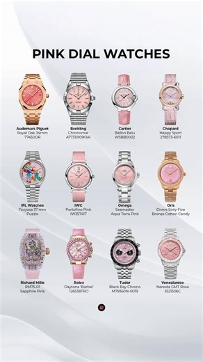 IFLW on Instagram: "Pink dial season, anyone? Soon is Valentine’s Day💕 From bold statements to soft elegance — these pink-dial watches bring serious style to the wrist. Whether it’s the subtle charm of the IWC Portofino Pink, the flash of the Rolex Daytona “Barbie”, or the playful vibe of our IFL Watches Tsuyosa Puzzle, there’s something for every personality here. Featuring some of the biggest names in watchmaking — Audemars Piguet, Cartier, Richard Mille, Tudor, Omega, Oris, and more — this l