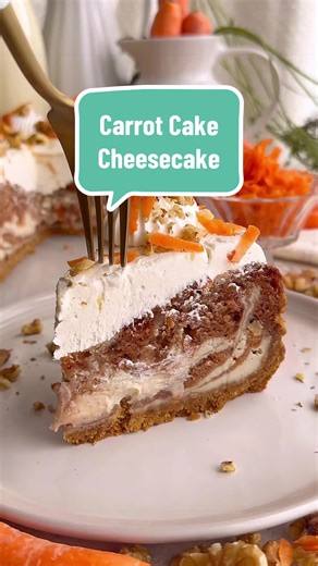 CARROT CAKE CHEESECAKE🥕 (Ad) UNBELIEVABLY CREAMY Vegan Carrot Cake Cheesecake!🥕🍰 A buttery crust, with swirls of moist carrot cake & smooth vanilla cheesecake, baked to perfection then topped with a cream cheese frosting & walnuts! 🥕 A combination of two of the BEST desserts in one, perfect for Spring! Vegan, No-Egg , No-Dairy, easy to make! Made using my favourites from @Le Creuset UK : • 8’’ loose base LeCreuset Cake Tin • Stone Coupe Side Plate (shell pink) • Stone Jardin Bowl • Stone Pit