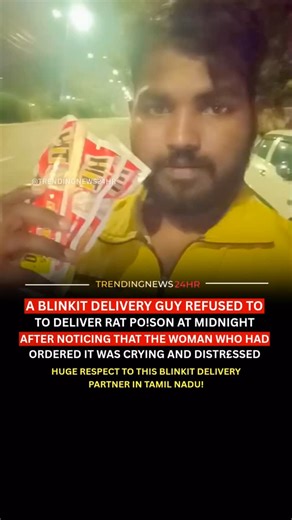 Trending News 24hr™ on Instagram: "Huge respect to this Blinkit delivery partner in Tamil Nadu! At midnight, he noticed a distressed woman crying while ordering rat poison. Instead of just delivering, he refused and alerted others potentially saving a life. Humanity over transaction. True hero! Follow for more @trendingnews24hr . . . Disclaimer: The content shared on this platform is for informational and educational purposes only, intended to inform the public and facilitate learning. All mater