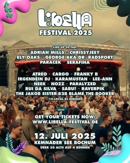 LIBELLA 2025 - 12.07.2025 - KEMNADER SEE, BOCHUM - GET YOUR TICKETS NOW Sommer. Ekstase. LIBELLA! Das Musikfestival in Bochum geht in die dritte Runde und ihr könnt dabei sein! Was euch dieses Jahr erwartet? Ein feiner Mix aus Hyperpop, Techno, Hard-Techno, Trance und Bounce. Dank euch konnten wir das Festival wachsen lassen: Über 30 Acts heizen euch auf 4 Bühnen inklusive neuer Festival-Area ein. Unter anderem mit dabei: ADRIAN MILLS - ELY OAKS - CHRISSYJEEY - PARACEK - NEEK (Deutschland-Premie