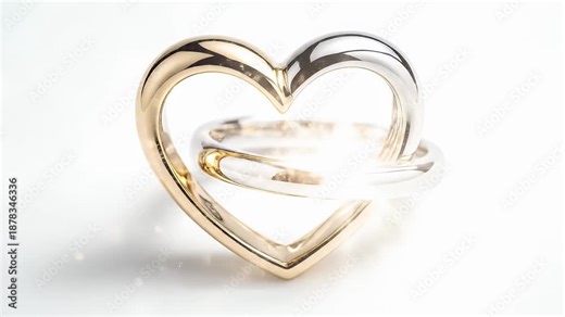 Interlocking Heart Rings - A close-up shot displays two interlocking rings, one gold and one silver, shaped into hearts.