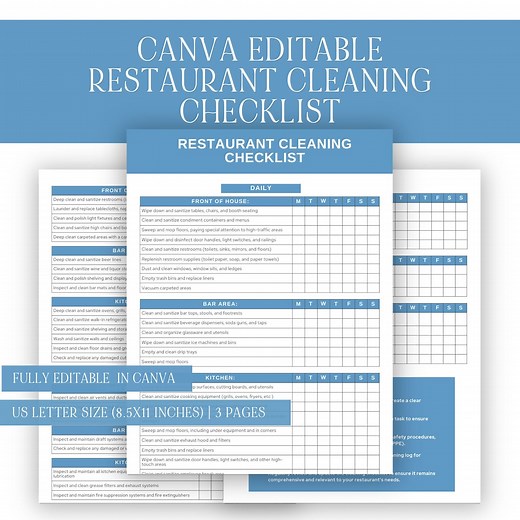 Restaurant Cleaning Checklist Template: Editable Canva Design (PDF) - Etsy