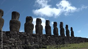 Chile. Ancient sculptures of Easter Island. Moai statues Ahu Tongariki on Easter Island, Mysterious Giant megalith Moai statues. Stock Video