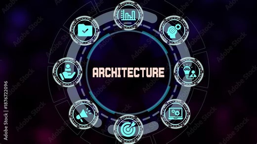 Digital architecture and smart building technology on virtual display. Concept of modern city planning and structural networking icons.